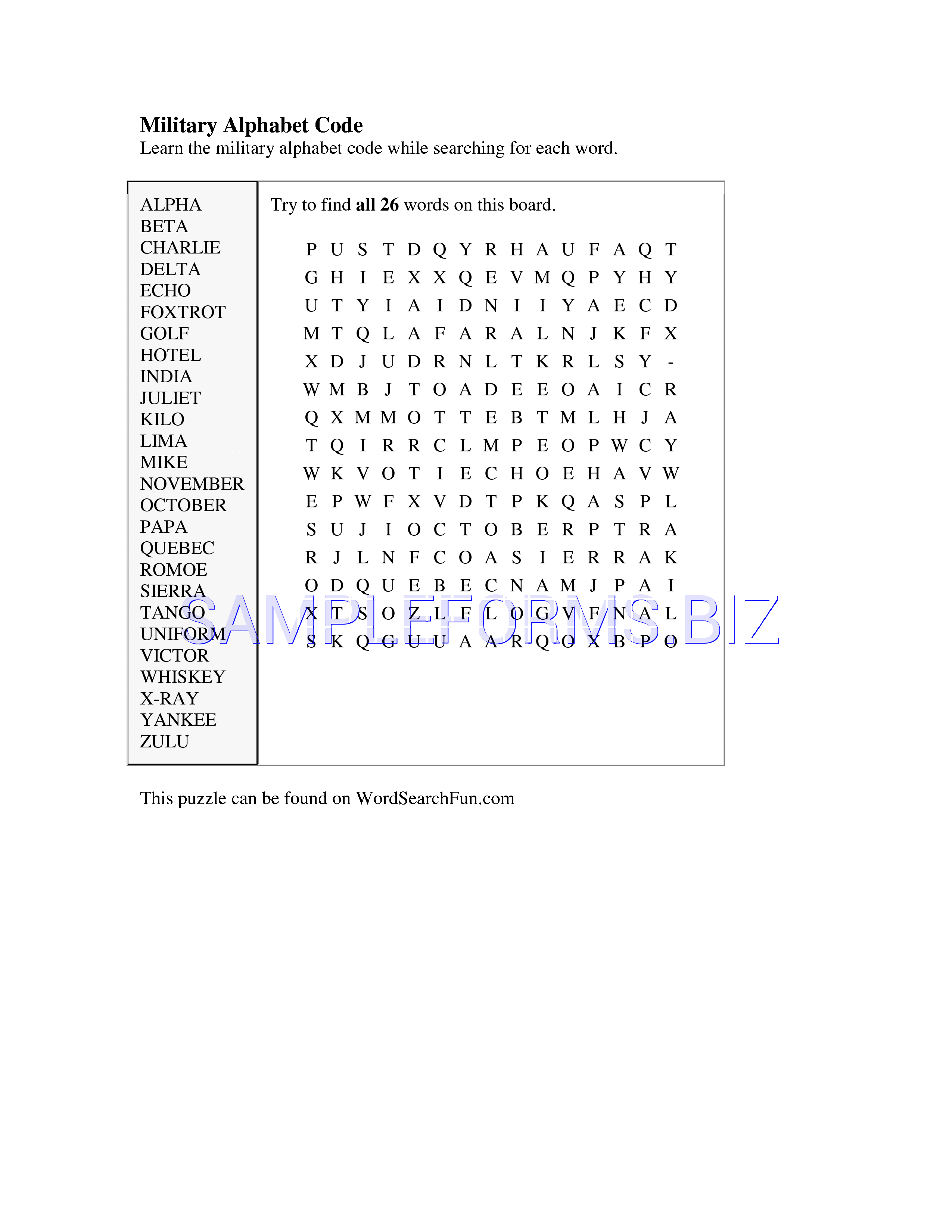 Preview free downloadable Military Alphabet Code in PDF (page 1)